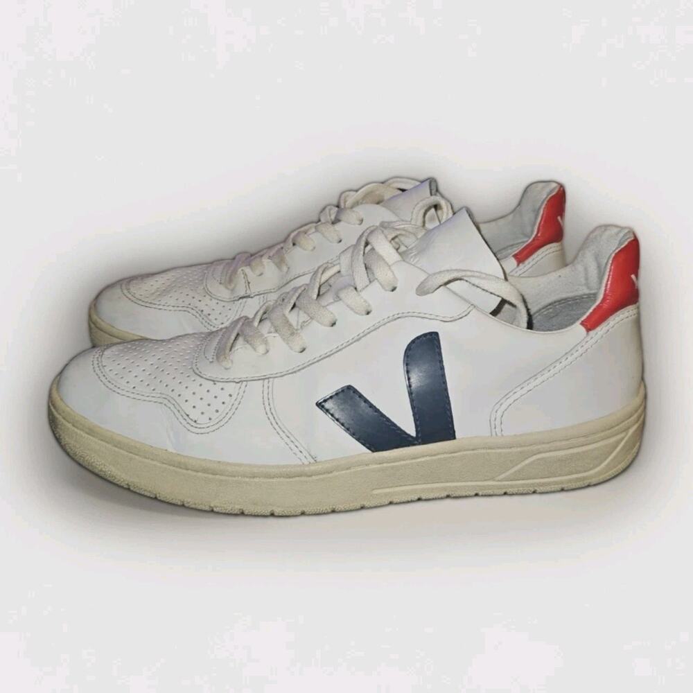 Mens VEJA V-10 V10 Leather Whte Red Navy Sneakers Size US 9 *READ*